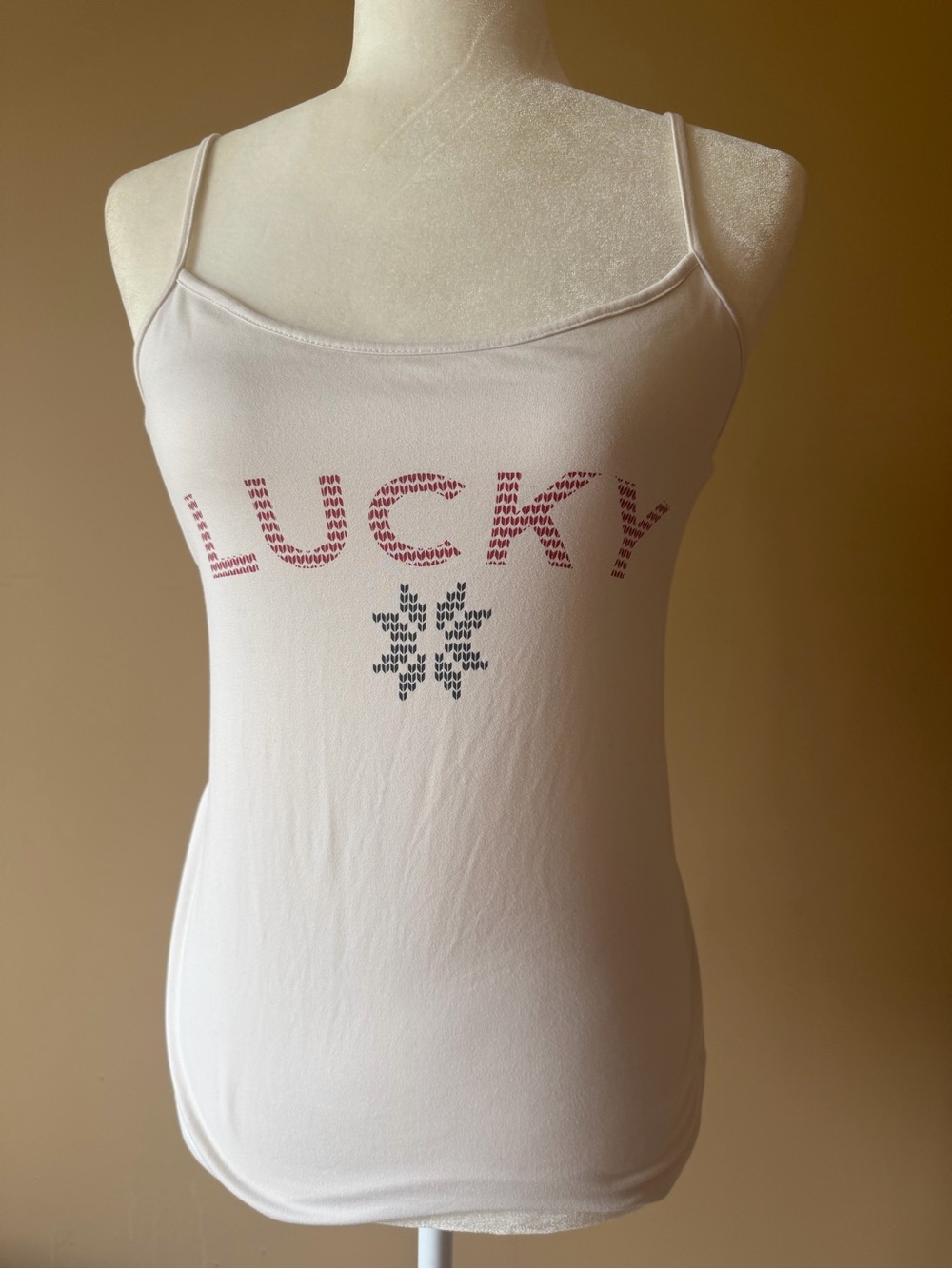 Lucky Brand Cream Built In Bra Camisole Tank Top Graphic Logo Y2K Boho